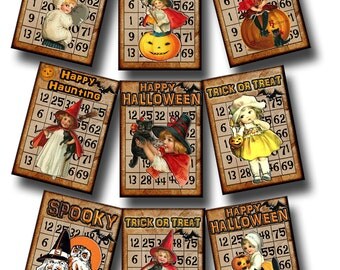 Halloween Bingo -Vintage Art Hang/Gift Tags/ Craft Supplies- Printable Collage Sheet Download JPG Digital File