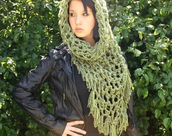 The Fringe Cowl neck scarf Vegan hood shawl sage green