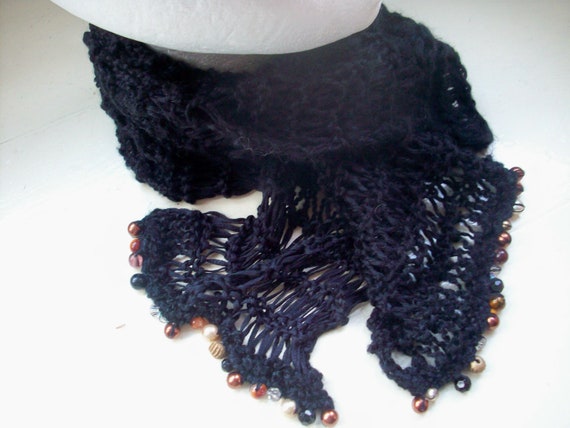 Vegan bead scarf black knit Mystery Lady by SpinningStreak on Etsy