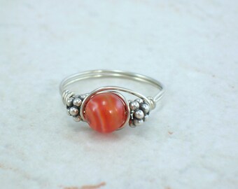 Sterling Silver Red Sardonyx and Bali Bead Ring