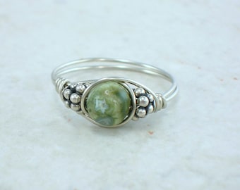 Sterling Silver Rhyolite and Bali Bead Ring