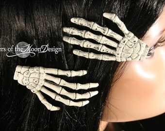 Skeleton hands hair clips barrette with Plain nails pair spooky gothic halloween costume skull punk rockabilly -- Sisters of the Moon