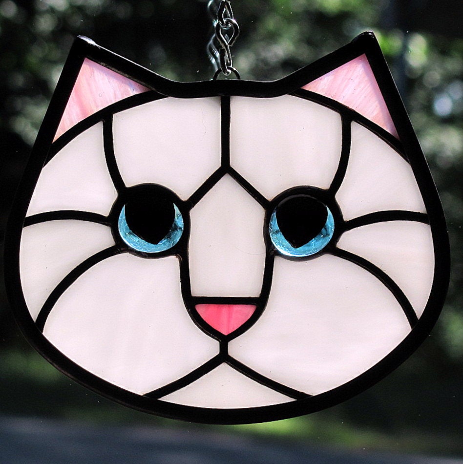 Stained Glass Cat Face White Kitty with Blue Eyes Suncatcher