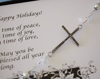 Cross Sideway Bracelet, Cross Bracelet, Crystal Cross Bracelet, Pearl Bracelet, Sterling Silver Cross Sideways