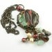 Boho Gypsy Shabby Chic Fused Glass Pendant Necklace with Pearls Gemstones Crystals and Vintaj Antiqued Brass in Brown Burgundy Aqua