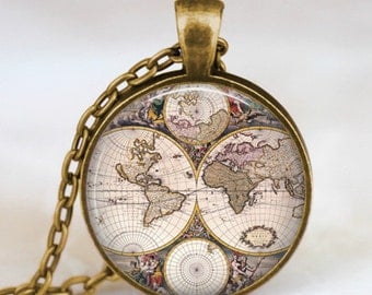 World map necklace, world map pendant, world map jewelry, glass dome art pendant with gift bag, traveller gift, globetrotter gift