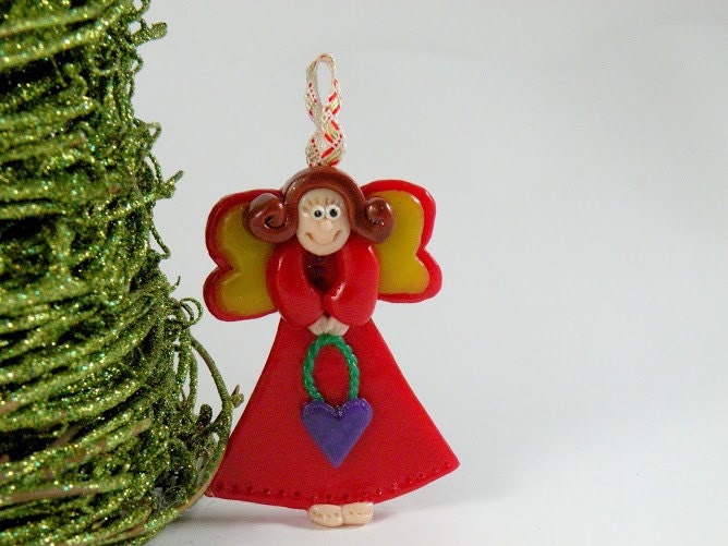 Angel Ornament Decor, Christmas Tree Ornament, Red Angel with Purple Heart, Baby Girl Decoration