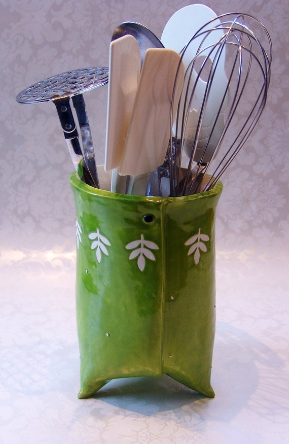 utensil holder ceramic lime green & white kitchen decor