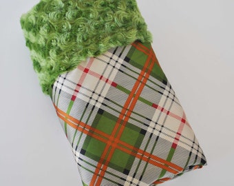 QUINCEY BABY BLANKET Collection..Green minky with green Plaid satin print ...Soft and comforting fabrics make a great baby shower gift