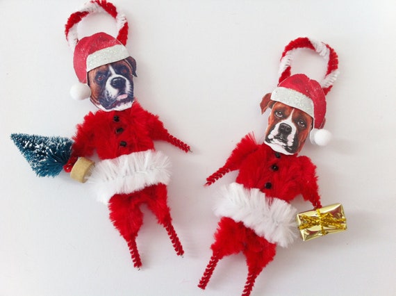 hats for pom pom dogs style CHENILLE Claus of Santa vintage ORNAMENTS 2 set BOXER Dog