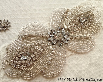 Rhinestone applique, ART DECO couture crystal applique, wedding applique, beaded patch for DIY wedding sash, bridal accessories