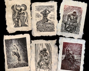 6 Woodcut Prints Original Art Collector's Set Unique Classic Figures Handmade Paper