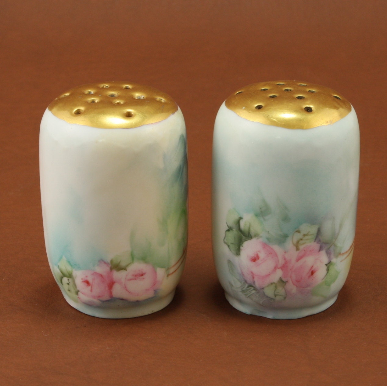 Jr Bavaria Porcelain Salt Pepper Shakers Pink Roses Gold Vtg