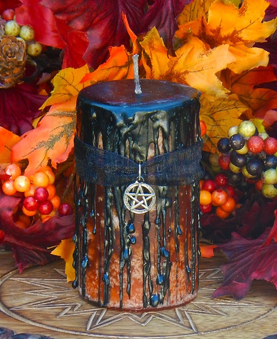 Samhain Witches Magick Candle 2x3 . Orange/Black