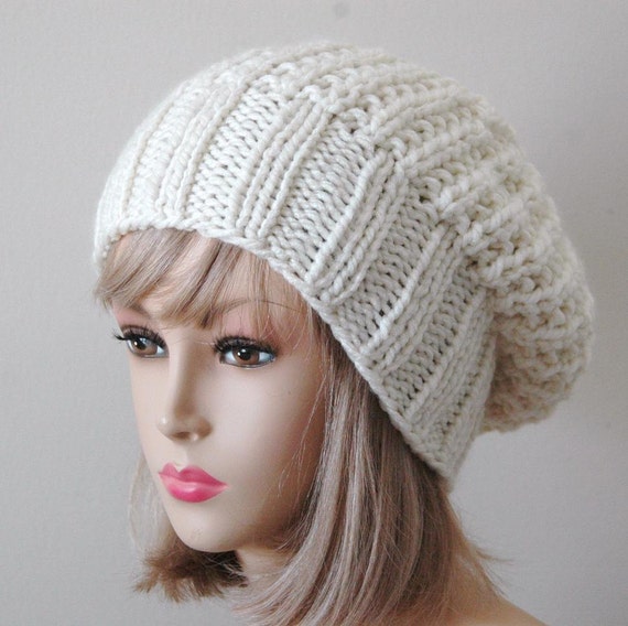 Cream White Knit Slouchy Beanie Slouch Hat Oversized by PhylPhil
