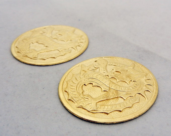 Two Large Round Brass Stampings with Embossed Dragon