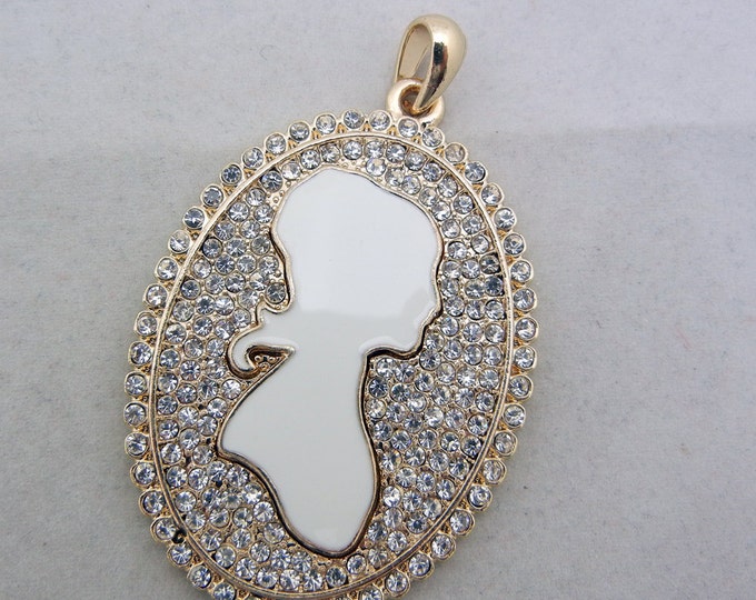 Gold-tone White Epoxy Rhinestone Cameo Pendant