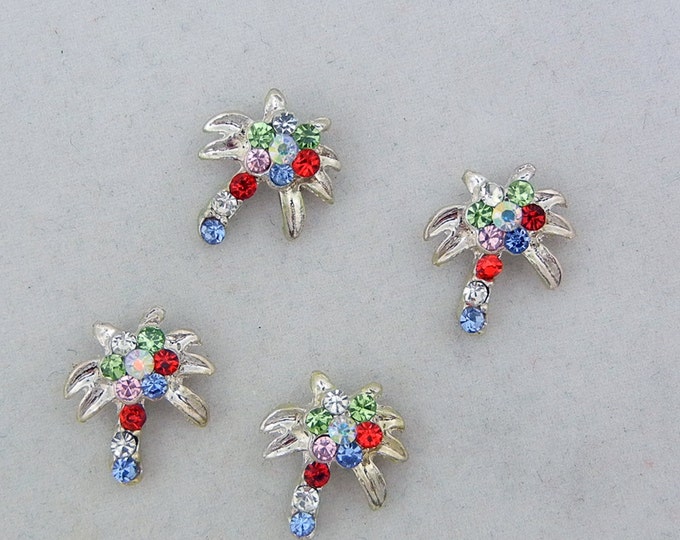 Set of 4 Tiny Multi Colored Rhinestone Palm Tree Slide Charms Silver-tone