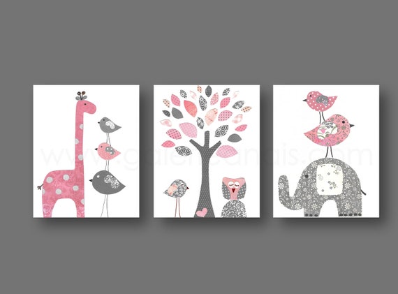 Baby Girl Nursery Girl Nursery Decor Kids Wall Art giraffe Elephant Tree Birds Owl Pink and Gray Set of three prints by GalerieAnais