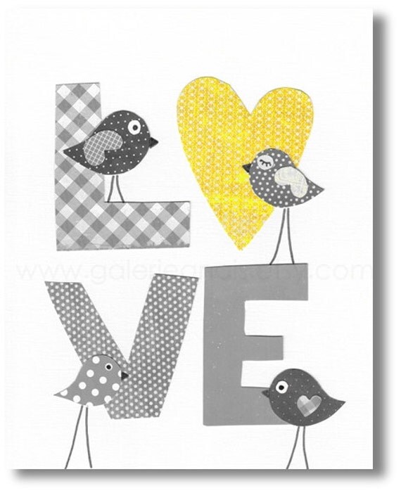 Yellow gray Nursery Baby Boy Nursery Decor LOVE print Nursery art prints nursery wall art baby Girl Nursery Decor kids art birds Nursery by GalerieAnais