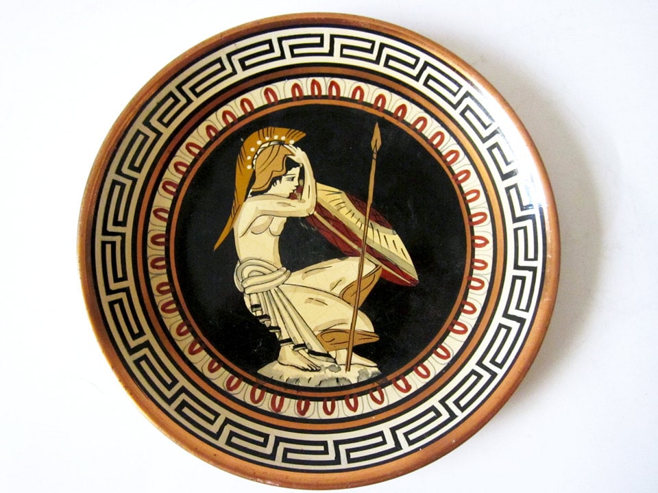 Vintage Greek Copper Plate Hand Painted Ancient Greece