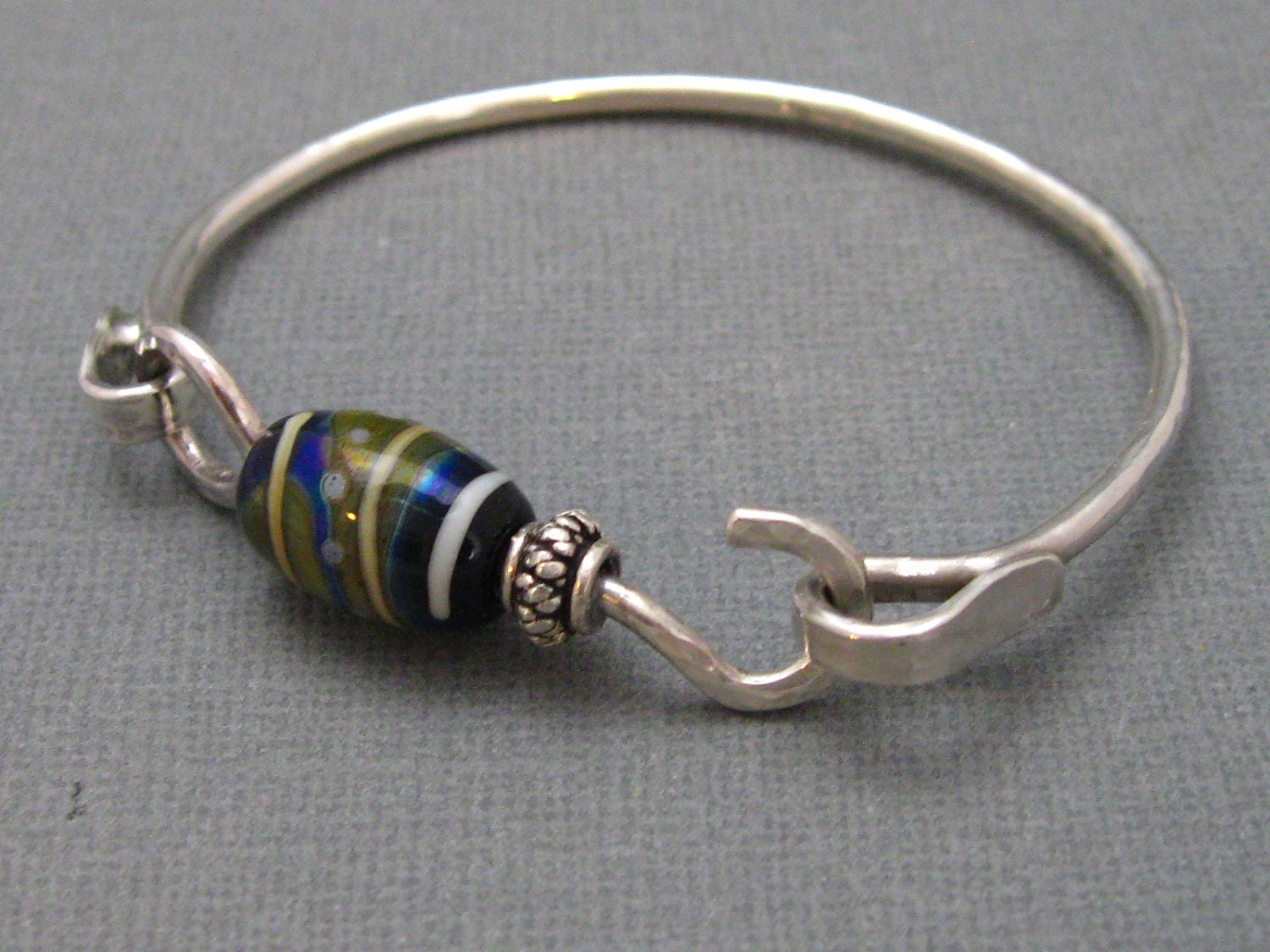 Hand Sterling Silver Latch Bracelet with Oblong Glass