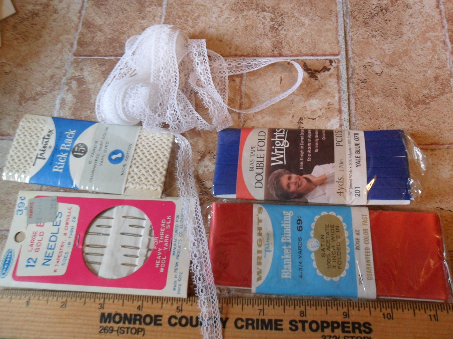 Vintage Sewing Notions Assorted Needles Trims blanket