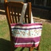 Shopping or tote bag blossoms and maroon aqua stripe spacious strong lined cotton