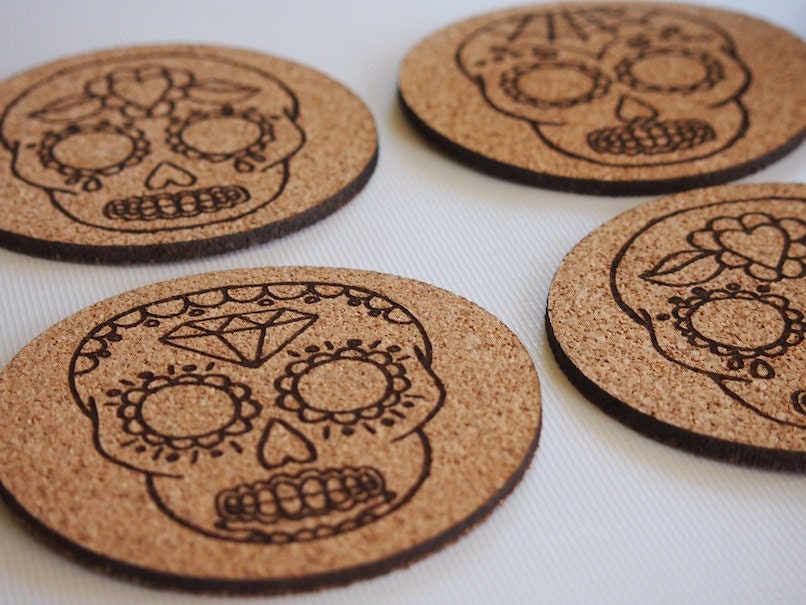 Six Laser Cut and Engraved Sugar Skull Cork by HungryDesigns