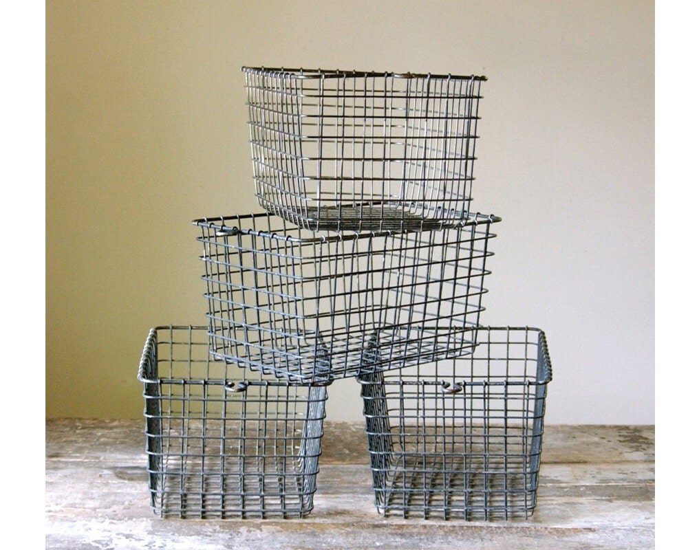 Vintage industrial Metal Gym Locker Baskets Boxes Set of FOUR