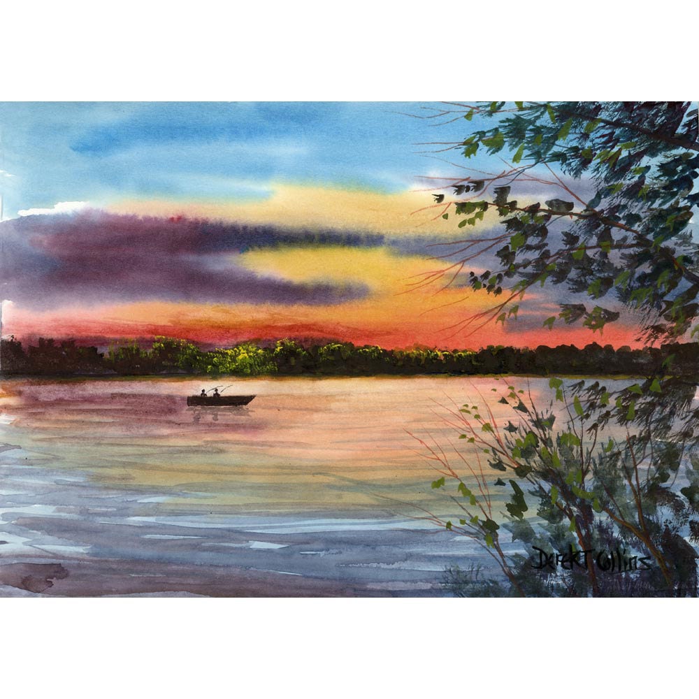 Watercolor Painting lake Sunset Print River Boat evening