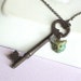 Antique Skeleton Key Necklace - Owl Jewelry, Crystal, Verdigris Brass
