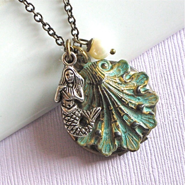 Mermaid Shell Locket Necklace Jewelry Verdigris Brass