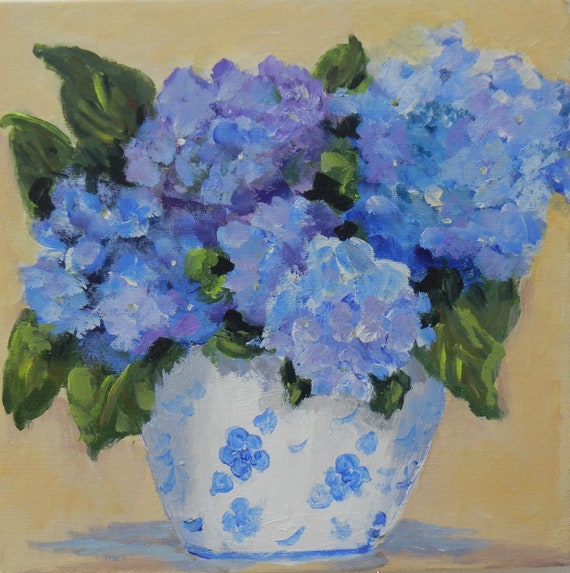 Blue Hydrangeas in Blue and White Vase by mypaintedgarden on Etsy