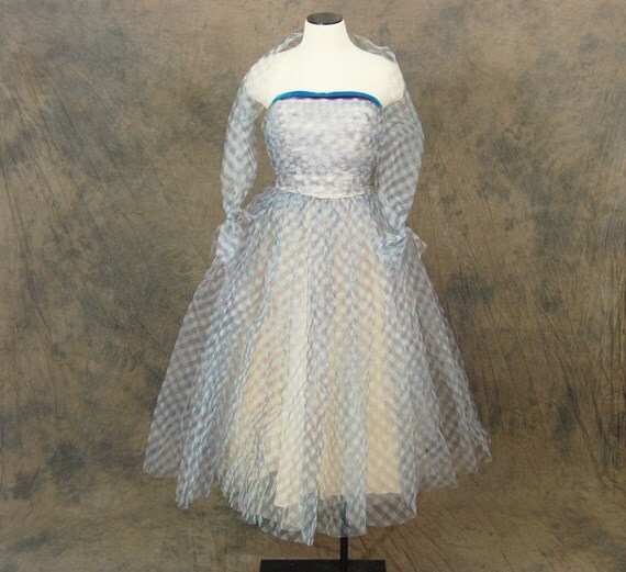 vintage 50s Party Dress - Blue Plaid Ball Gown - 1950s Strapless ...