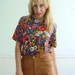ON SALE Floral Print Vintage 90s Bright Short Sleeve Keyhole Back Blouse SMALL S