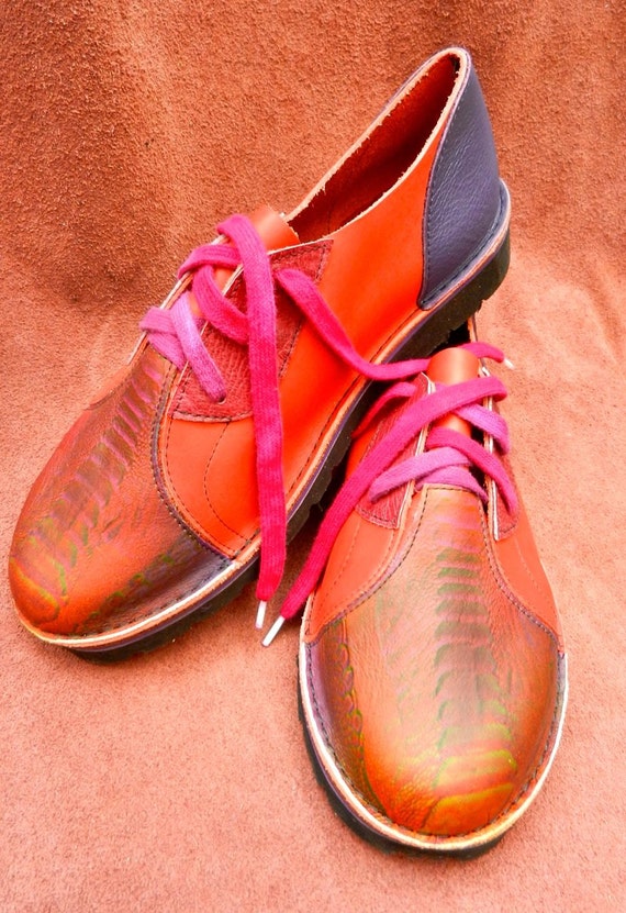 Leather Handmade Shoes Lo Top. Cowhide orange Purple
