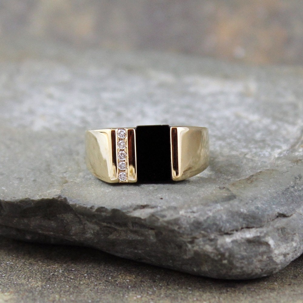Men's Black Onyx and Diamond Ring 10K Yellow Gold by ASecondTime