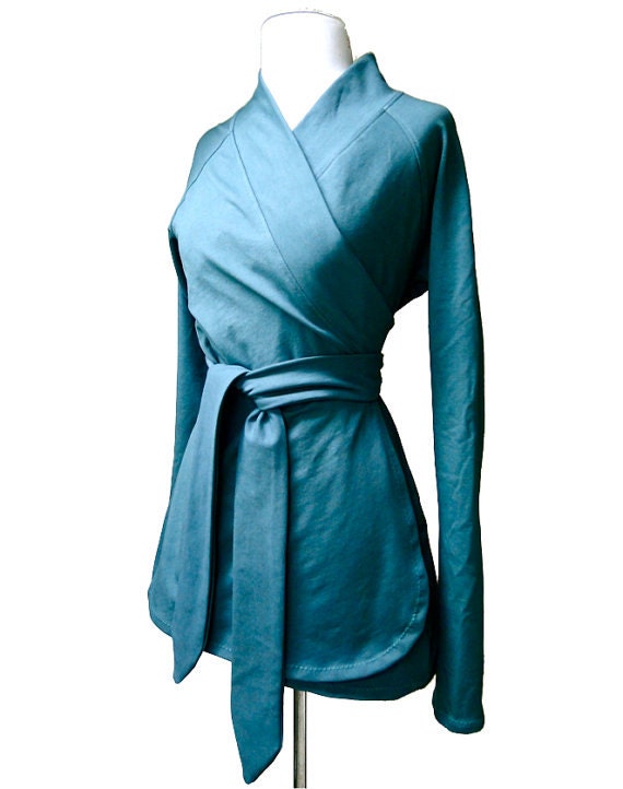 Organic cotton wrap teal wrap shirt wrap around blouse wrap