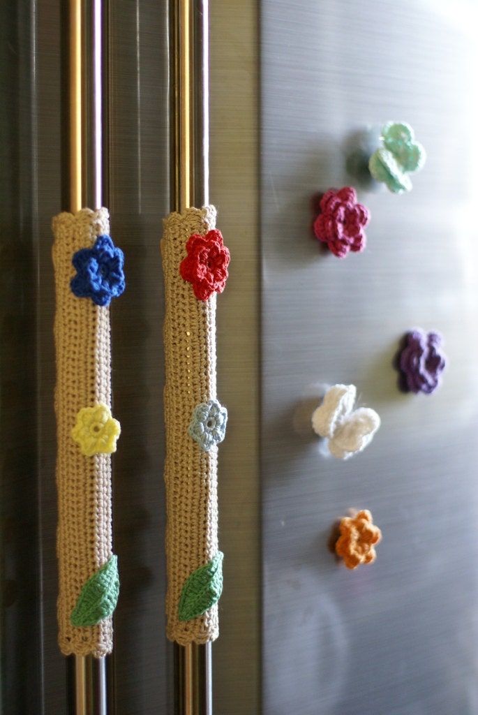 Set of Five Crocheted Magnets and Refrigerator or Stove Pairs