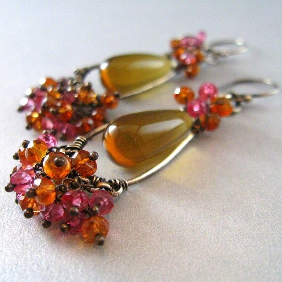 honey quartz and pink quartz wire wrapped earrings by honey quartz and pink quartz wire wrapped earrings by