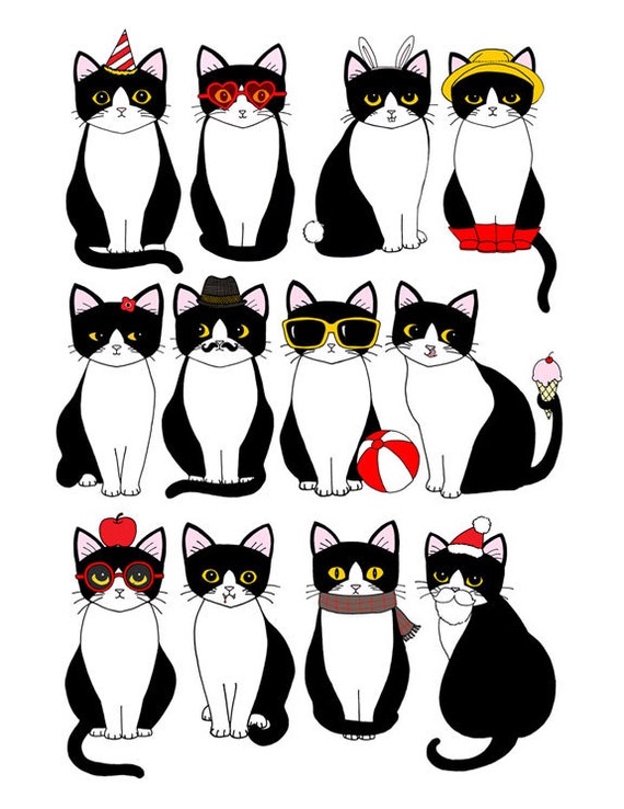 Twelve Tuxedo Cats 8 x 10 Art Print
