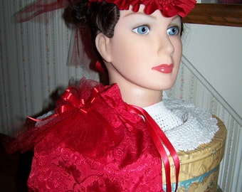 Civil War Hat and Reticule,Victorian Ladies Red Brocade teardrop satin with red Satin ruffle costume