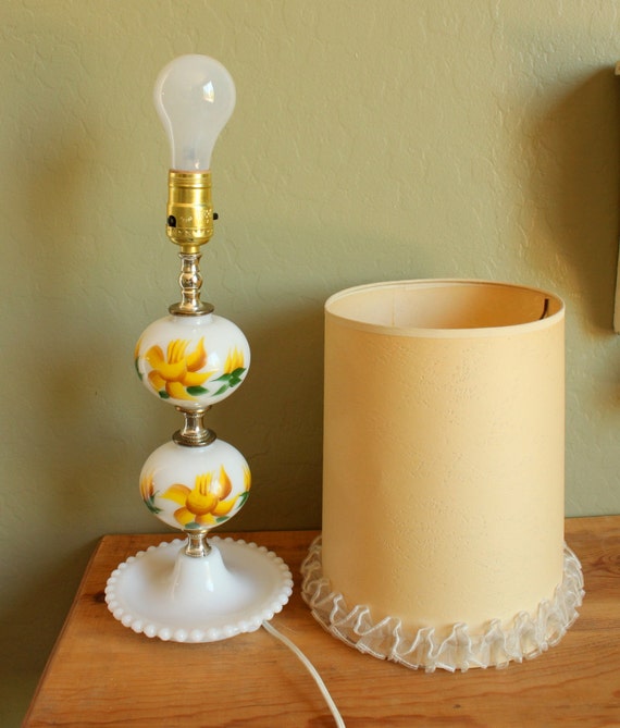 Glass  Painted Yellow Roses Ruffled lamp Shade roses Lamp and Milk Vintage with glass milk with