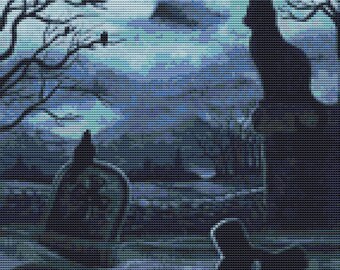 Gothic Cross Stitch, Graveyard, AmyLyn Bihrle, 'Watchful Eyes', Counted Cross Stitch, Cat Cross Stitch, Black Cat Cross Stitch, DIY Kit