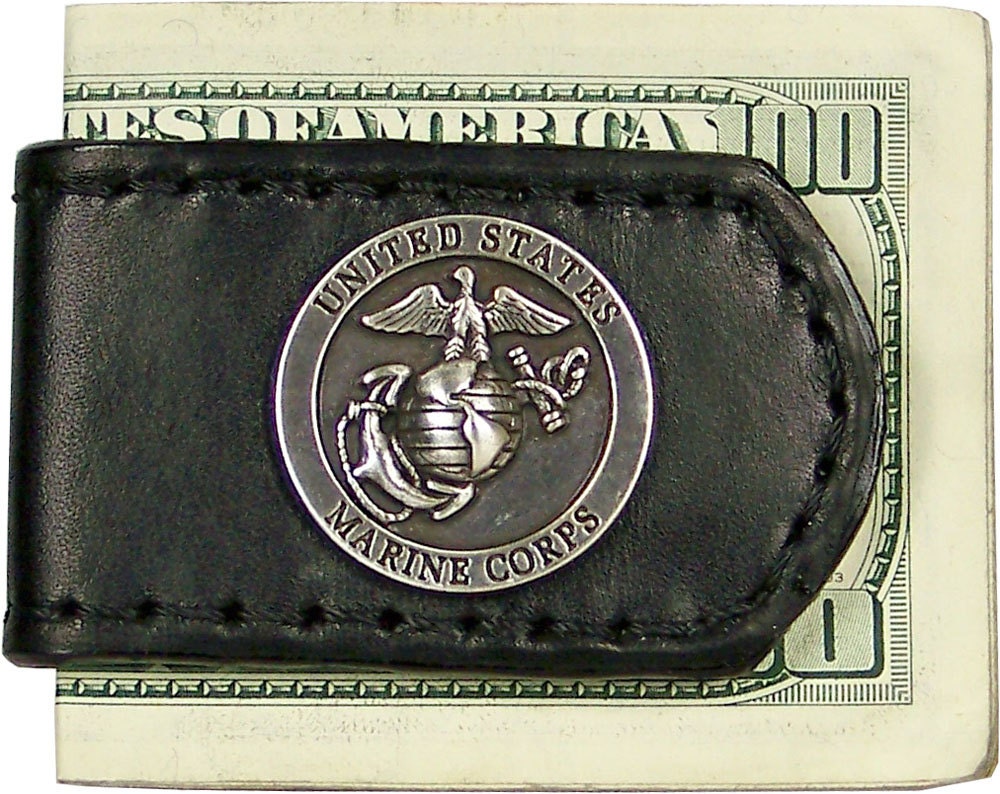 Handcrafted Leather Money Clip with USMC Concho