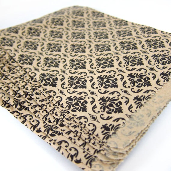 Set of 20 BLACK DAMASK Flat Paper Gift Bags 5 x 7 inches
