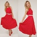 Vintage 80s POLKA DOT Dress Red RETRO Rockabilly Midi Medium