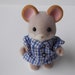 Vintage Sylvanian Families Flocked White Maces Mouse w Blue Plaid Shirt 1985 80s toy animal