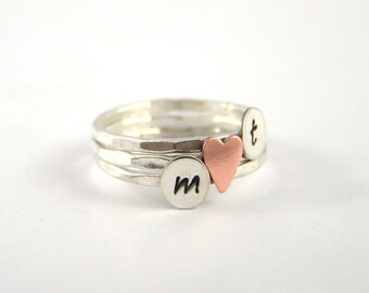 Custom Initial Sweetheart Stack Rings, Stack Rings, Sterling Silver Rings, Personalized Rings, Set Of Three
